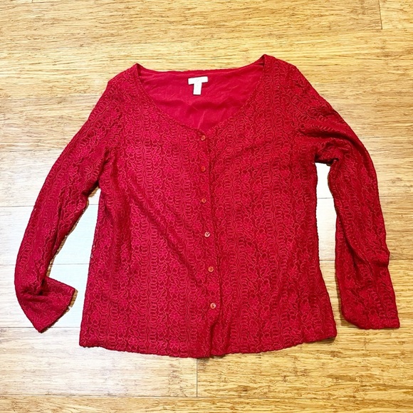 J. Jill Deep Red Lace Long Sleeve Button Front Cardigan. Size Women;'s Medium - Picture 7 of 12